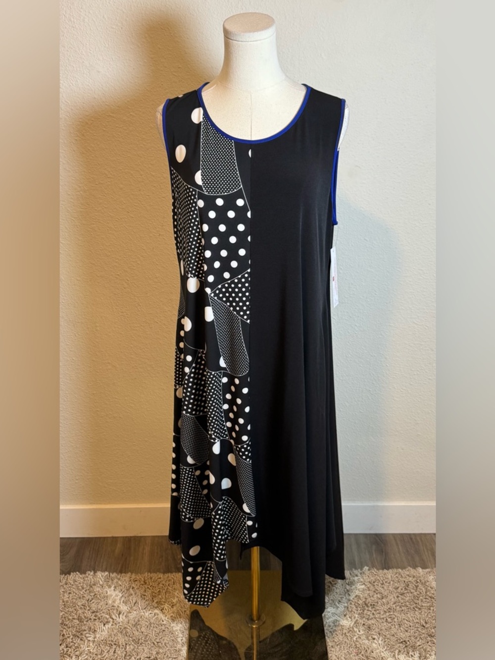 NWT IC Collection Black Polka Dot Tank Dress with Cobalt Blue Trim size Large